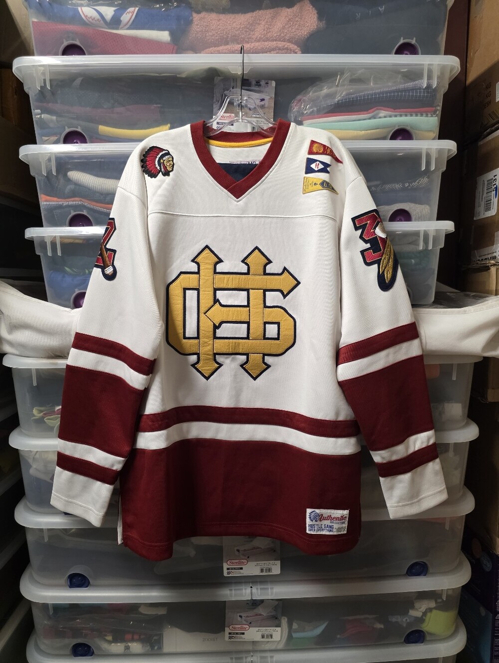 Hustle Gang HG-32 Block by Block Hockey Jersey #32 White Maroon Gold M
